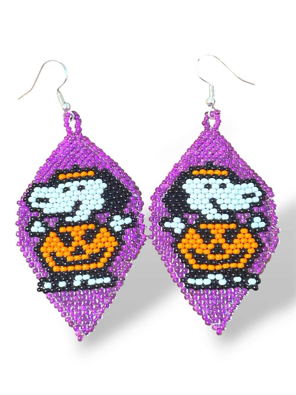 GrandmaMia’s Halloween White Dog In Pumpkin Costume Glass seed beaded Earrings